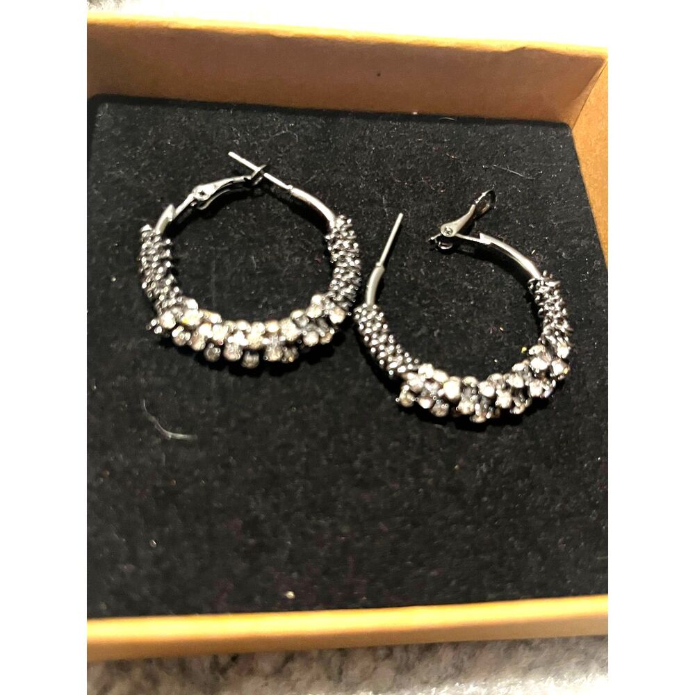 vintage-style hoop earrings oxidized silver with a cluster of small rhinestones